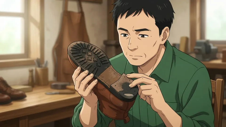 男性が靴の裏底を確認している様子