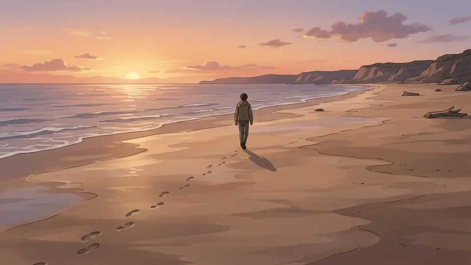夕暮れの海岸を一人で歩く人物