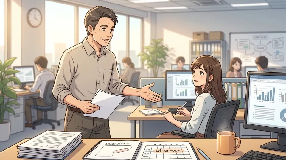午後のオフィスで、上司が卓上カレンダーを指しながら同僚に都合のよい時に来るよう声をかけている様子