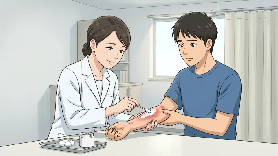 医師が腕の傷に薬を塗っている