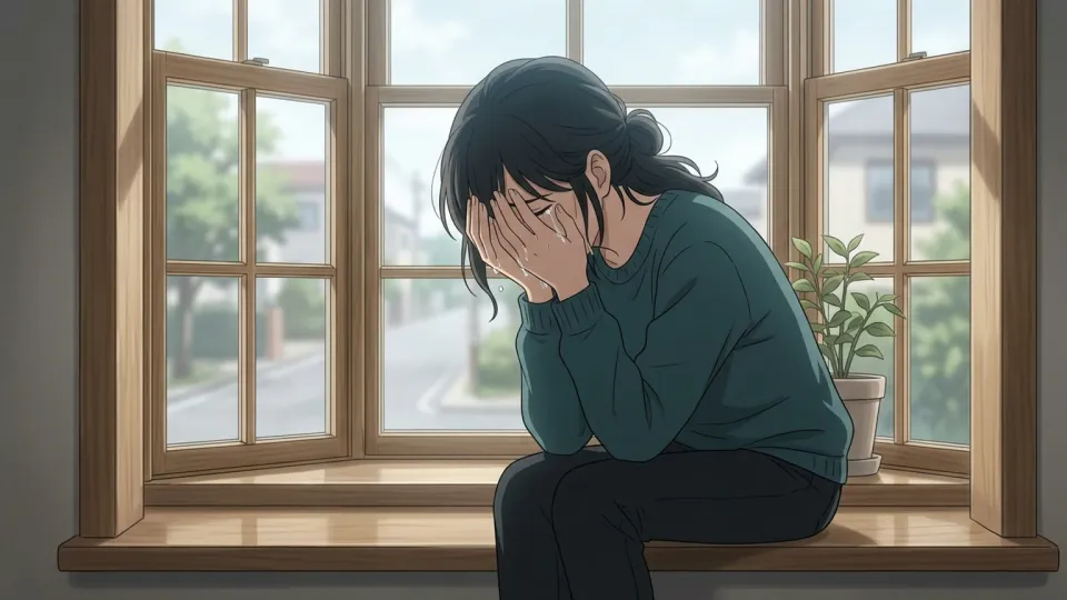 悲しみに暮れて頭を抱える人物