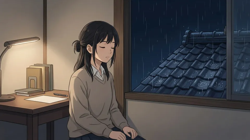 屋根を叩く雨の音を聞く人