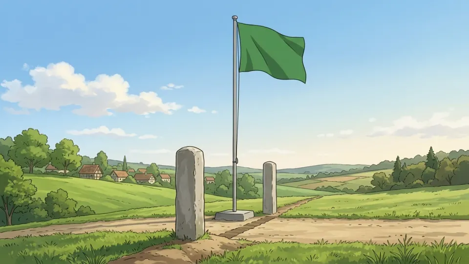 国旗と国境杭が立つ風景