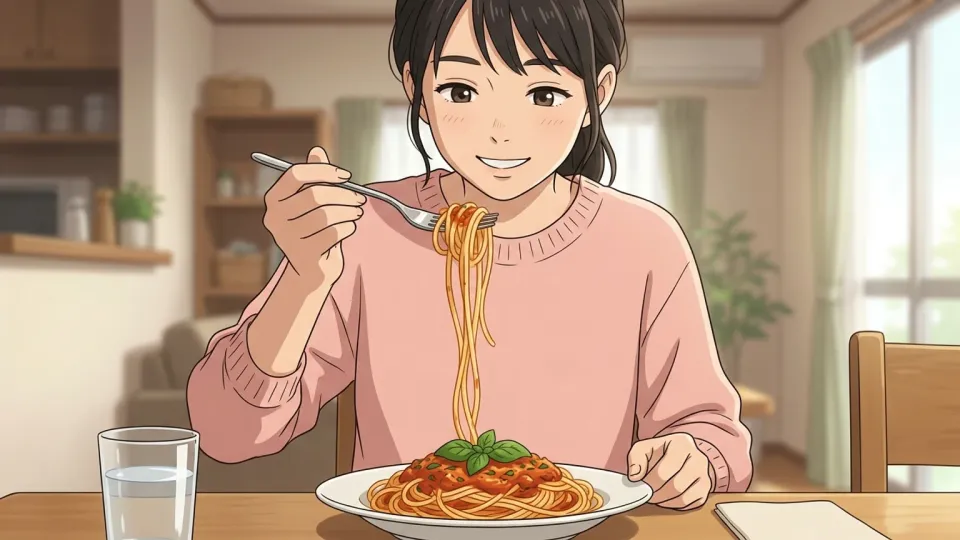 女性がレストランでスパゲッティを食べようとしているイラスト