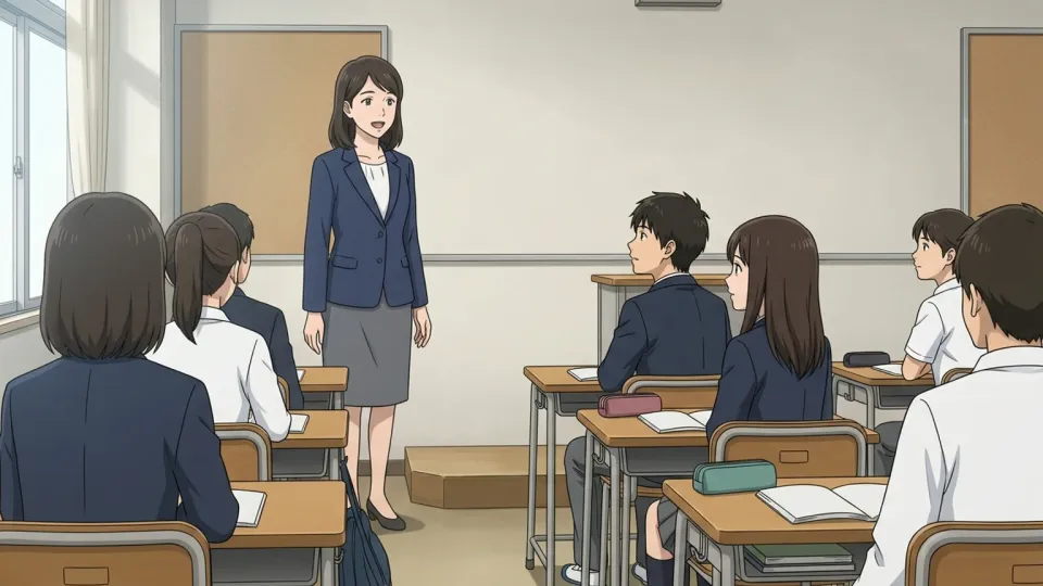 教室で生徒たちに向かって話す先生。