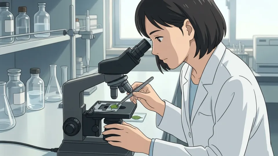 実験室で顕微鏡を使って植物の標本を観察する科学者