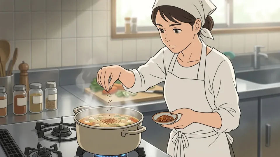 女性がスープにスパイスを入れている場面