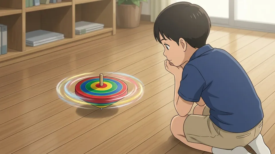 床の上で回転するこまを見つめる子供