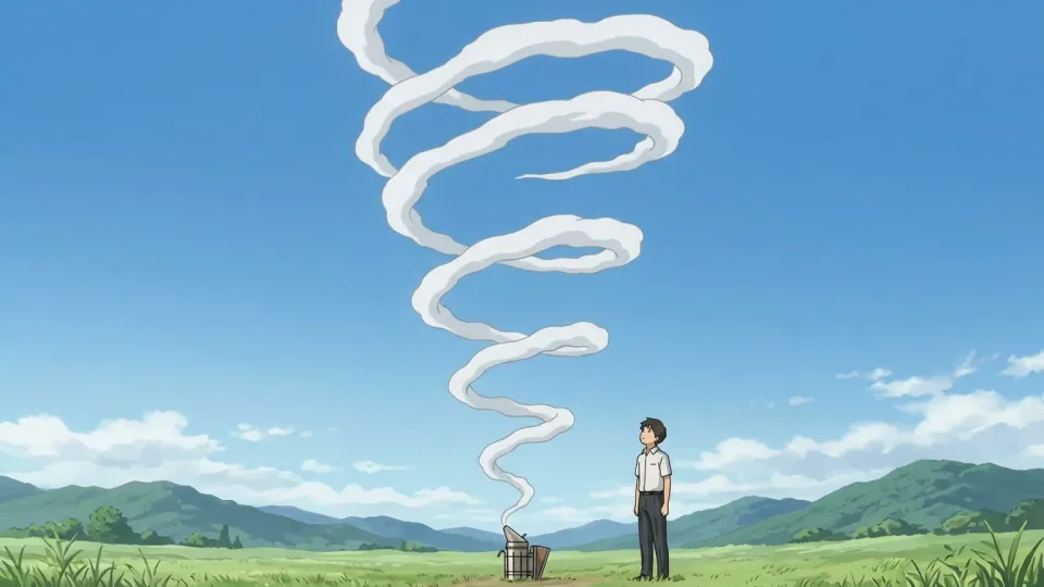 青空に立ち上る白いらせん状の煙
