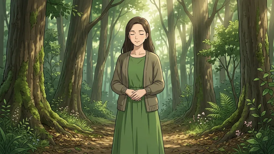 静かな森の中で深い精神性を感じる女性
