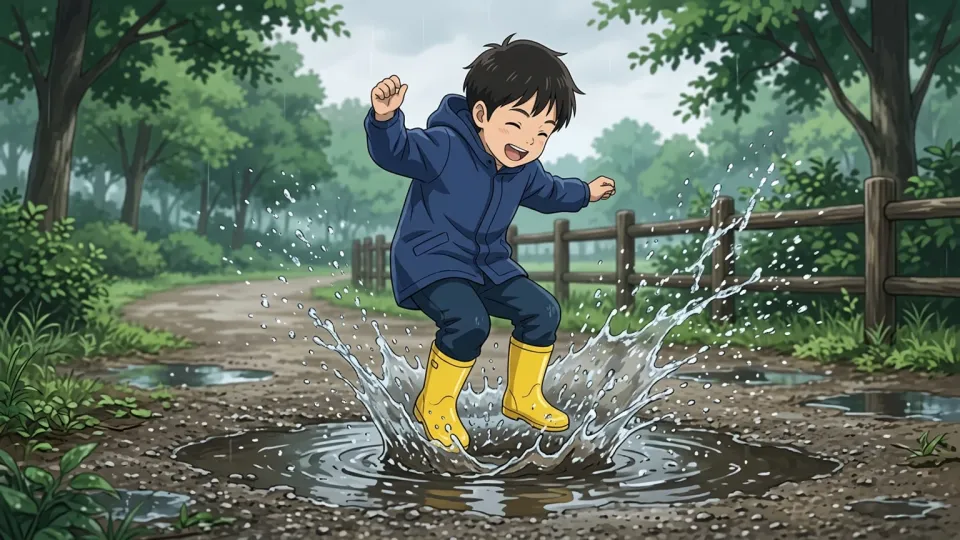 水たまりに飛び込んで水しぶきを上げる子ども