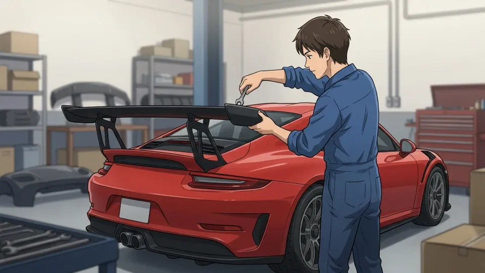 スポーツカーの後部ウィングを調整するメカニック