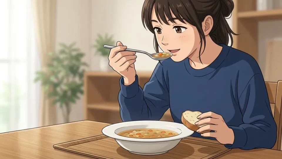 女性がスプーンでスープをすくっているイラスト