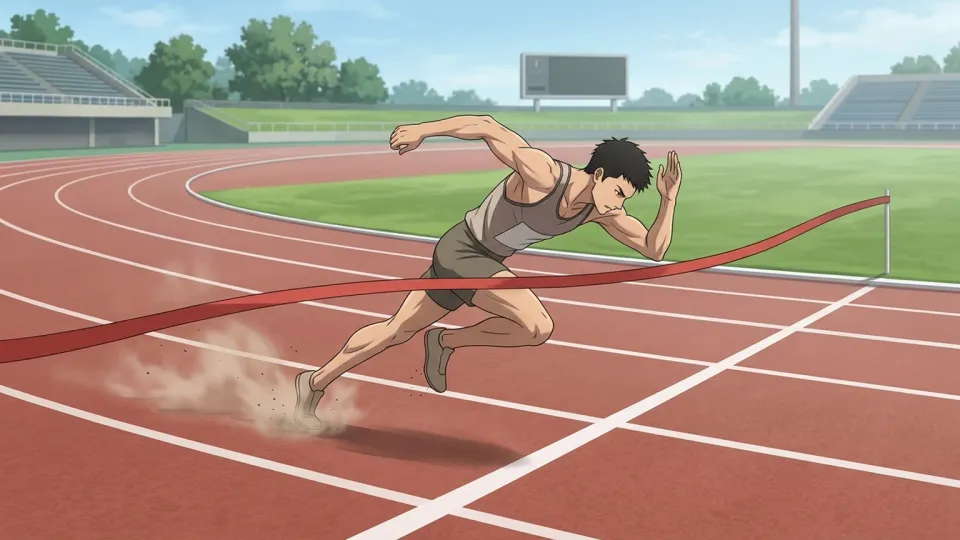 ゴールラインに向かって全速力で走る陸上選手