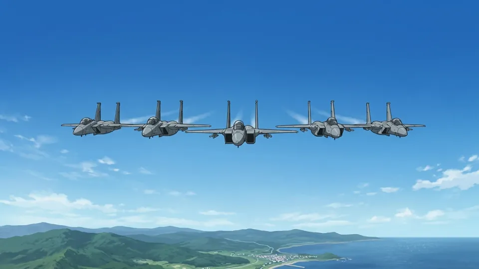 青空を編隊飛行する飛行中隊の軍用機群