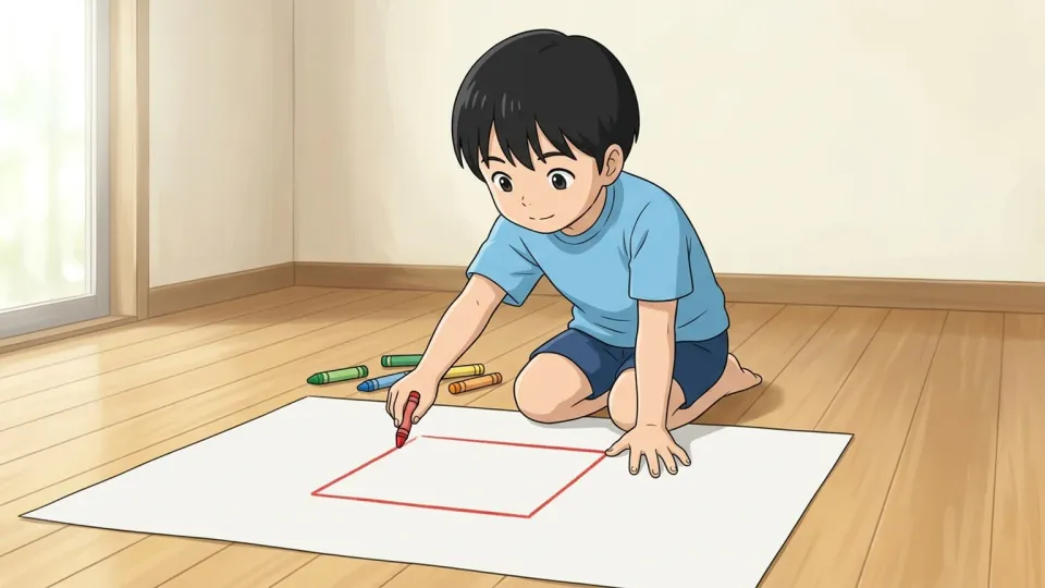 紙の上に正方形を描く子供。