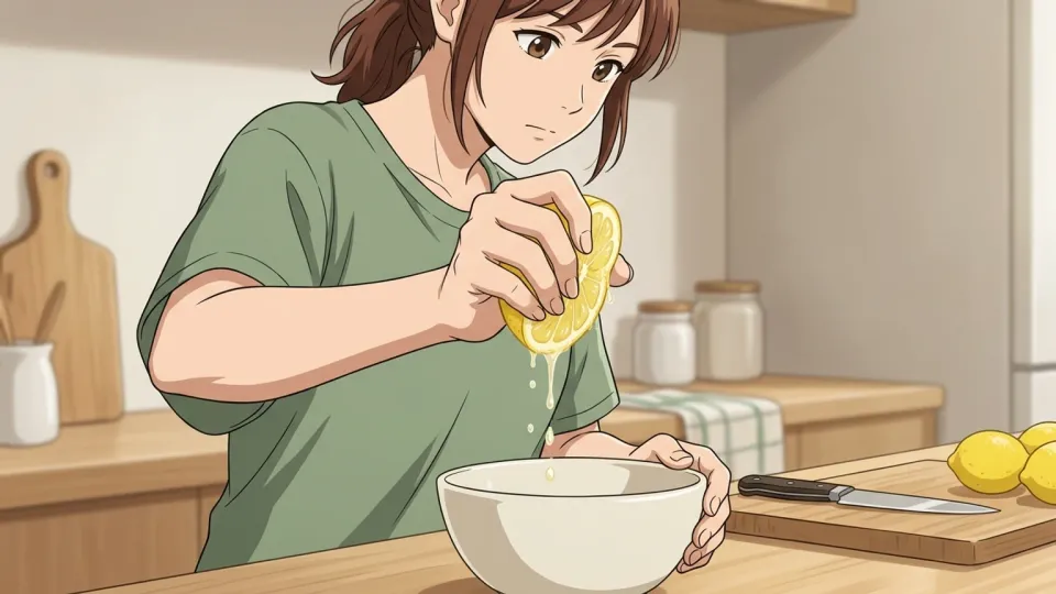 レモンを手でしぼる女性の手元