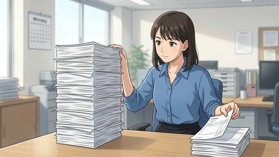 月曜朝のオフィスで、机上に高く積まれた請求書を担当者が確認している様子