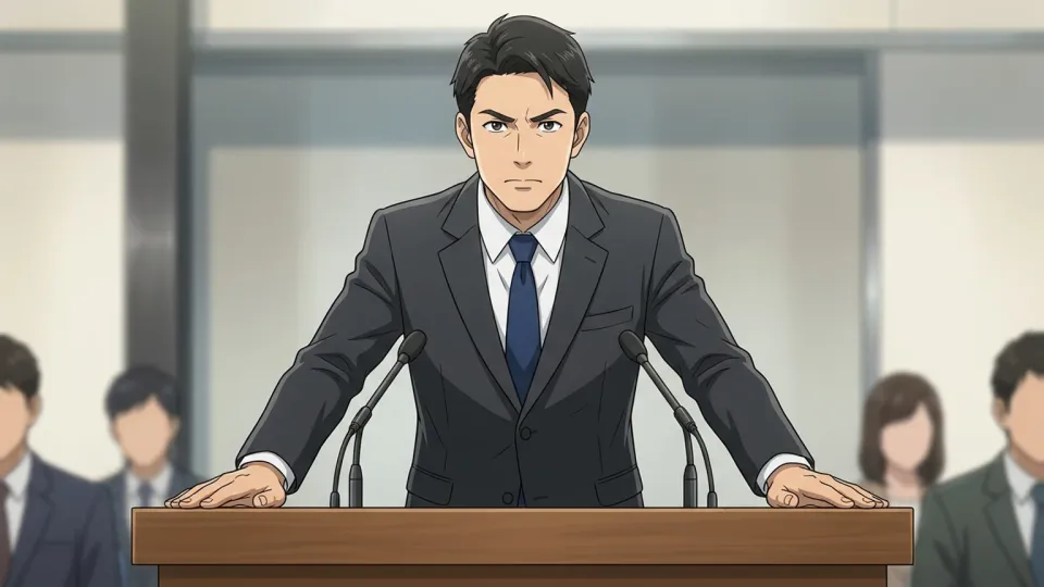 演壇に立ちまっすぐ前を向く人物
