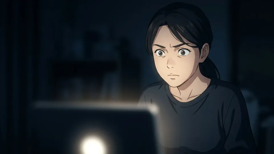 暗い部屋で光る画面をじっと見つめる女性