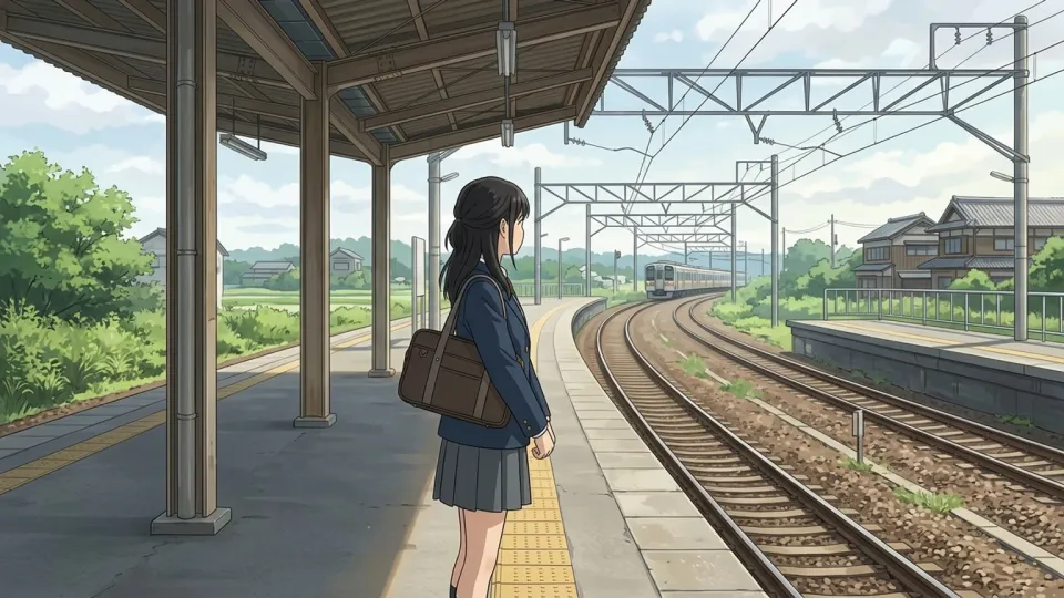 駅のホームで電車を待つ人々。