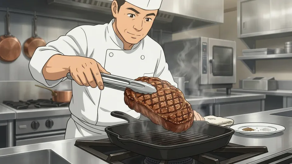 シェフがグリルでステーキを焼いている