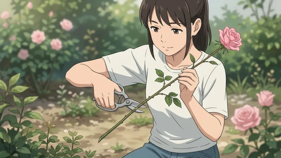 バラの茎をハサミで切る女性。