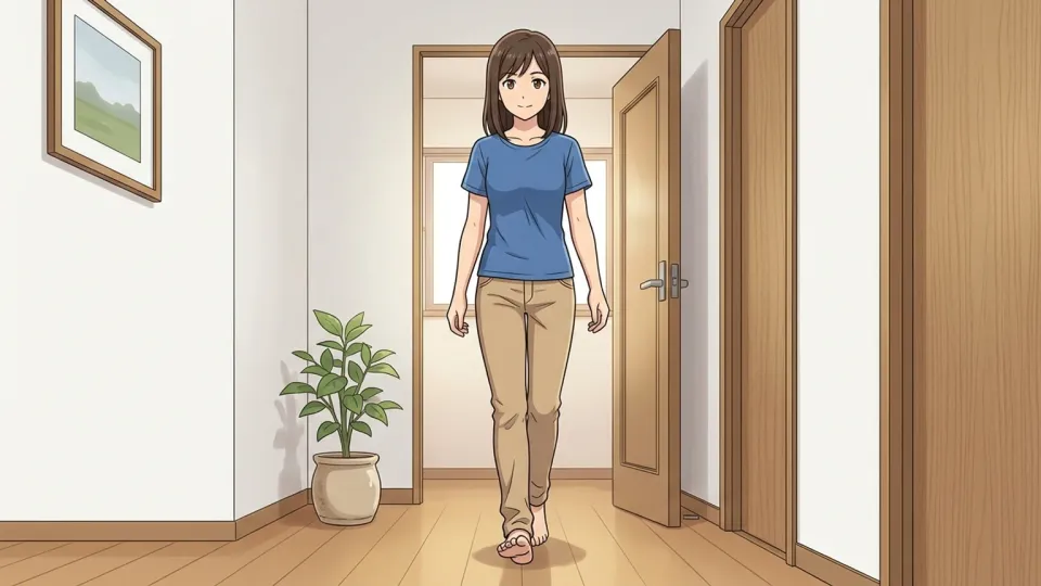 ドアに向かって一歩踏み出す男性
