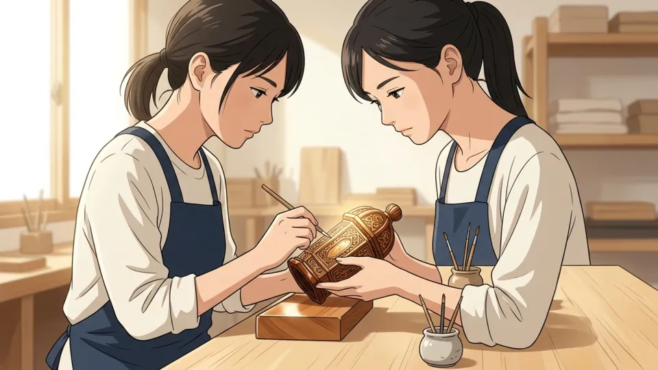 工房で美しく輝く工芸品を丁寧につくり上げる女性職人の姿。