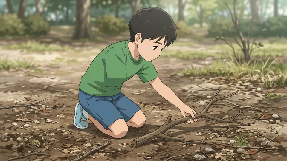 地面から棒を拾い上げる少年