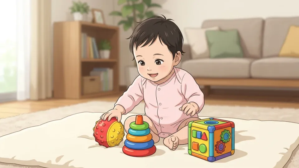 明るいおもちゃを見つめる赤ちゃんのイラスト