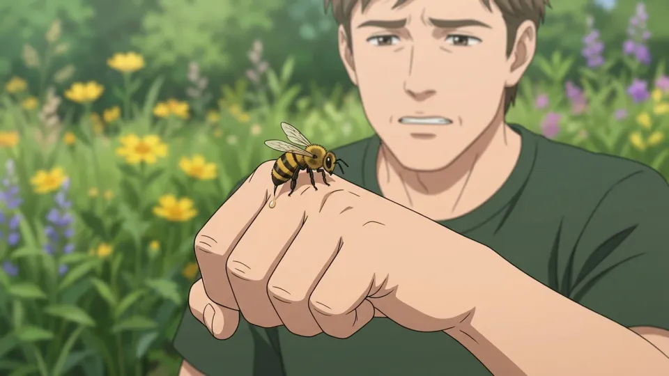 ハチが手にとまり刺している様子