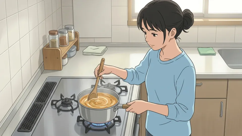 鍋の中のスープを木のスプーンでかき混ぜる女性。