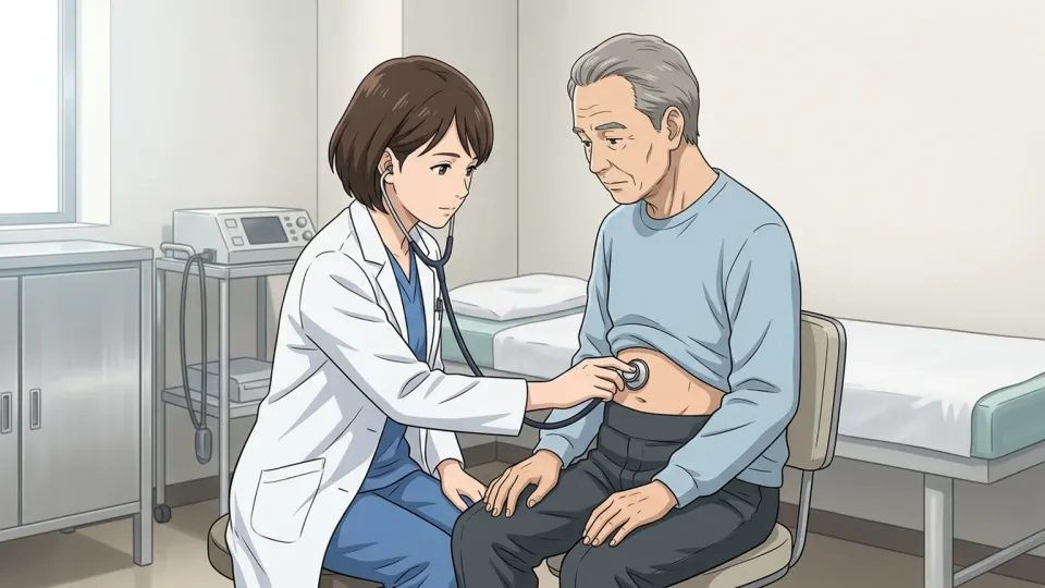 医師が胃の痛みを訴える患者を診察している。
