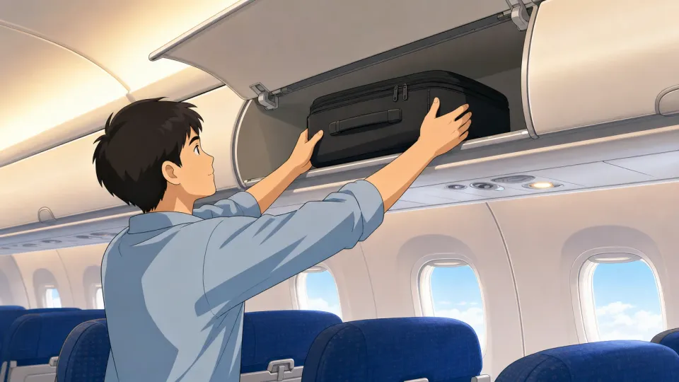 旅客機の客室で、乗客が機内持ち込みかばんを頭上の収納棚へしまう様子