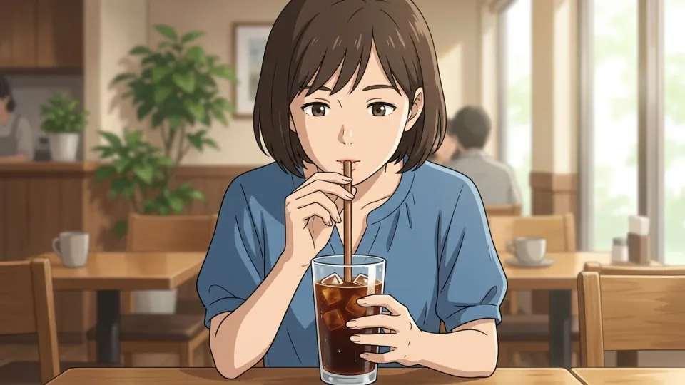 ストローでアイスコーヒーを飲む女性
