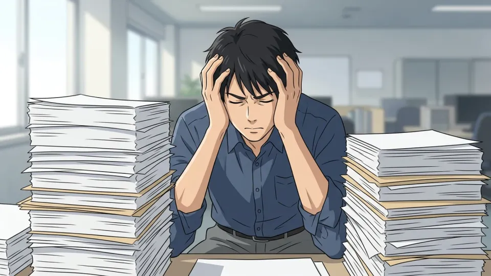 疲れた表情で書類の山を見つめる男性