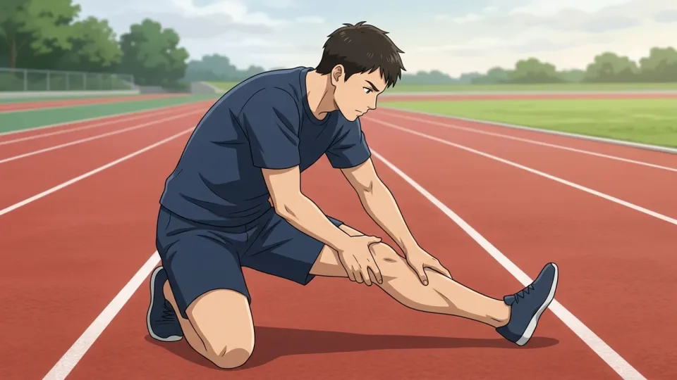レース前に足を伸ばして準備運動をする陸上選手。