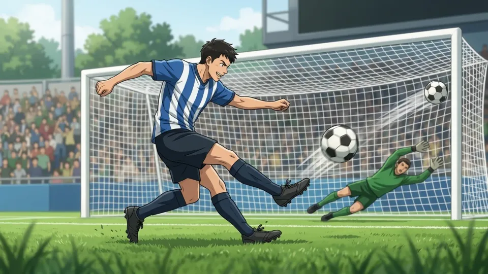 サッカーの試合でシュートを放つストライカーの選手