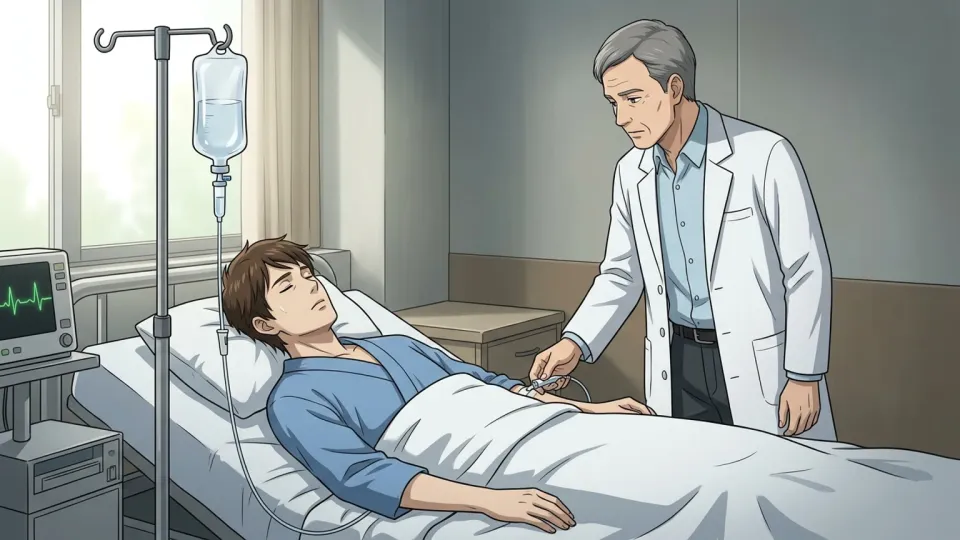 病室のベッドに横たわる男性患者のイラスト