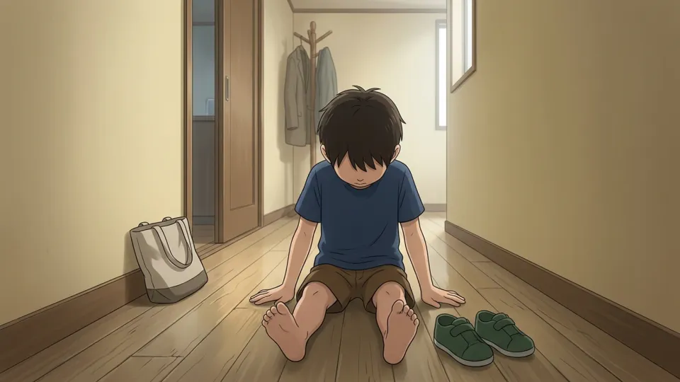 腕を組んでその場に立ち尽くす子供