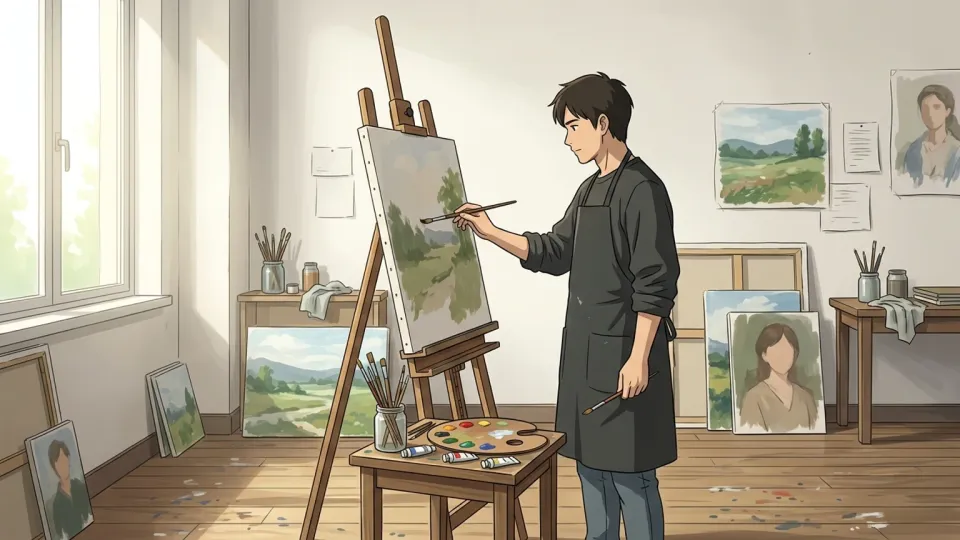アトリエで絵を描く芸術家。