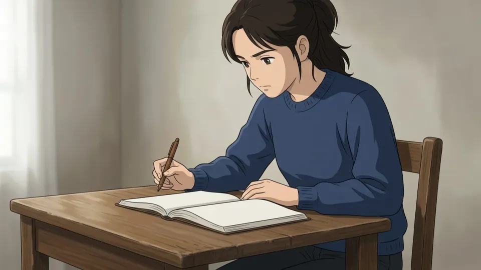 机で熱心に勉強する女性。