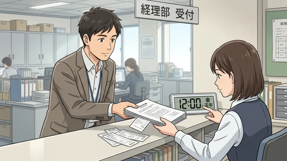 経理部の受付で、社員が出張経費の申請書と領収書を提出し、担当者が金曜正午の締め切り時刻を確認している場面の様子