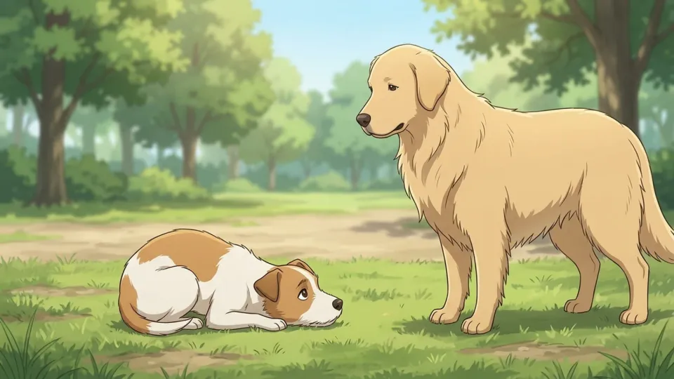 大型犬の前でおとなしく伏せる小型犬