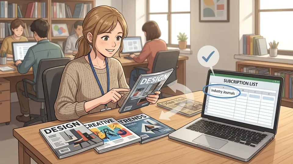 定期購読している3誌の業界誌を確認する担当者