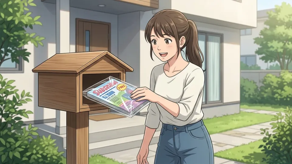 新しい雑誌購読者が郵便受けから無料の創刊号を取り出している様子