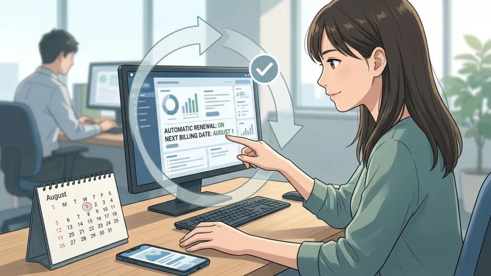 担当者が8月1日に自動更新されるソフトウェア利用契約を確認している様子