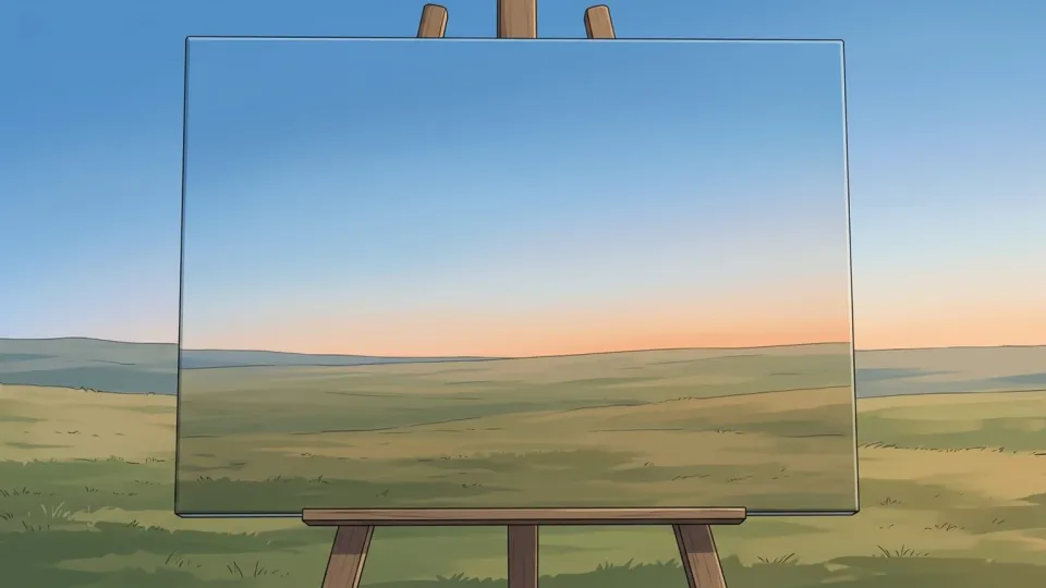 地平線付近で色がかすかに変化している絵画