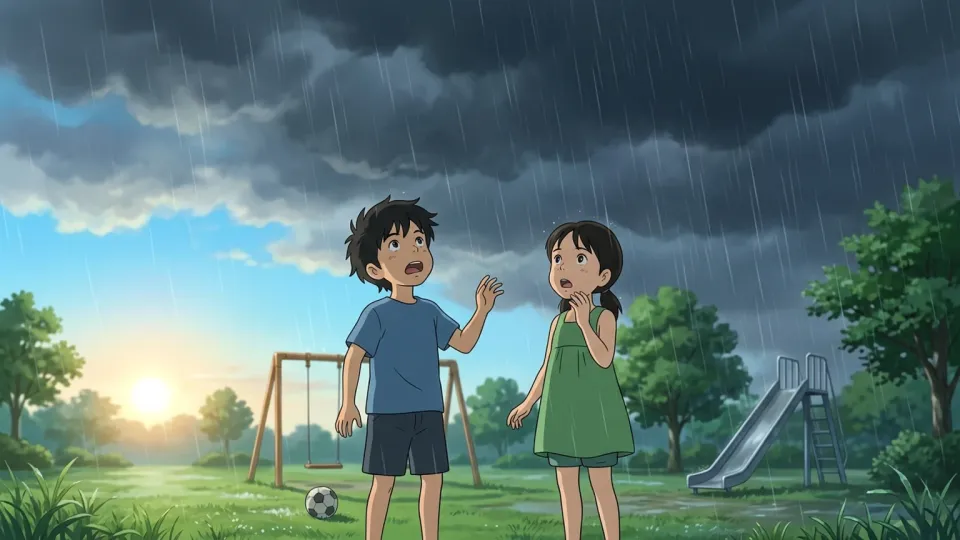 突然の雨で慌てる人々